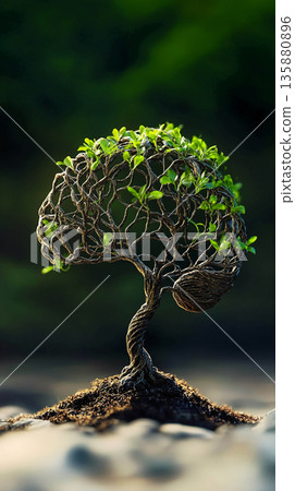 The conceptual brain tree: a human brain-shaped crown with green leaves grows from a thin trunk, symbolizing ecology, intelligence, growth, and the connection between the mind and nature. 135880896