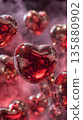 Glittering red hearts with a mirror disco texture float on a pink and purple blurred background with shimmering bokeh lights.	 135880902