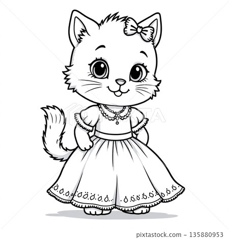Coloring page with cute cat in beautiful dress. Drawing kids activity with adorable kitty. Printable toddlers fun 135880953