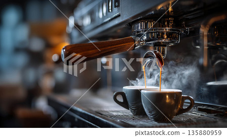 A coffee machine pouring fresh hot espresso into two gray cups, steam and crema visible on the surface, and the cozy atmosphere of a coffee shop and morning coffee.	 135880959