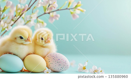 Three yellow chicks in close-up among pastel Easter eggs and willow branches on a mint background, a spring composition for Easter, holidays, and greeting cards.	 135880960