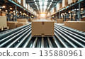 A box on a conveyor inside a large modern warehouse complex, a concept of logistics, product delivery, and warehouse automation.	 135880961