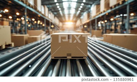 A box on a conveyor inside a large modern warehouse complex, a concept of logistics, product delivery, and warehouse automation.	 135880961