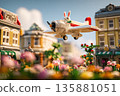 Bunny pilot flying airplane over a colorful city landscape during daytime 135881051