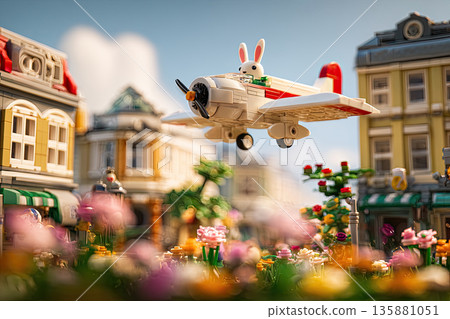 Bunny pilot flying airplane over a colorful city landscape during daytime 135881051