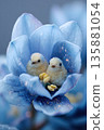 Two small birds sit together inside a blue flower blossom in a colorful garden 135881054