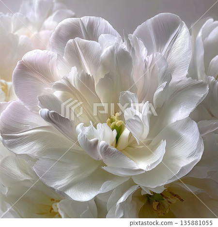 White flowers bloom in a close-up view showing delicate petals and soft details 135881055