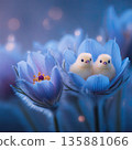 Small yellow chicks sit among blue flowers in a soft light setting during springtime 135881066