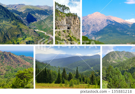 Scenic mountain landscape collage featuring majestic peaks and lush green valleys. Scenic mountain landscape collage featuring majestic peaks and lush green valleys. 135881218