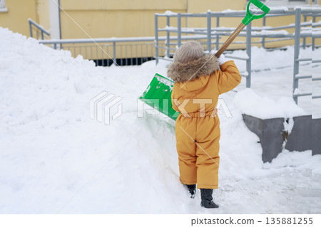 Small child moving heavy snow with a shovel near a residential building after snowfall. Winter routine in an urban yard, cold weather, snowdrifts and everyday outdoor activity. Small child moving heavy snow with a shovel near a residential building after snowfall. Winter routine in an urban yard, cold weather, snowdrifts and everyday outdoor activity. 135881255