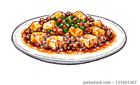 麻婆豆腐配肉末的中國菜插圖 135881307