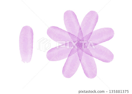 A gentle purple watercolor flower with multiple overlapping petals forms a circular shape. Beside it, a single matching purple brushstroke adds artistic flair on the clear white background. A gentle purple watercolor flower with multiple overlapping petals forms a circular shape. Beside it, a single matching purple brushstroke adds artistic flair on the clear white background. 135881375