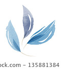 Three light and medium blue watercolor leaves are delicately arranged against a pure white background. The gentle brushstrokes create a soft, natural, and calming botanical illustration. 135881384