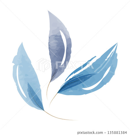 Three light and medium blue watercolor leaves are delicately arranged against a pure white background. The gentle brushstrokes create a soft, natural, and calming botanical illustration. 135881384