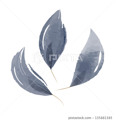 Three watercolor leaves feature a soft blend of blue gray tones on a clean white background. This hand-painted botanical illustration captures natural beauty and gentle elegance for design projects. 135881385