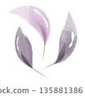 Three watercolor leaves in soft purple and lilac shades stand on a clean white background. Each leaf has a thin brown stem and shows gentle paint textures. 135881386