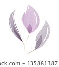 Three delicate watercolor leaves in shades of purple and grey are depicted on a clean white background. Each leaf features a soft, translucent artistic effect, suggesting a gentle botanical element. 135881387