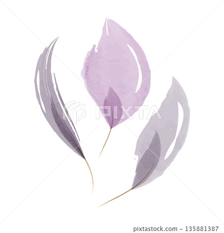 Three delicate watercolor leaves in shades of purple and grey are depicted on a clean white background. Each leaf features a soft, translucent artistic effect, suggesting a gentle botanical element. 135881387