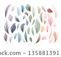 A collection of numerous watercolor leaves painted in soft pastel shades of purple, blue, green, pink, and orange. 135881391