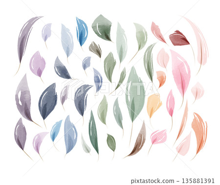 A collection of numerous watercolor leaves painted in soft pastel shades of purple, blue, green, pink, and orange. A collection of numerous watercolor leaves painted in soft pastel shades of purple, blue, green, pink, and orange. 135881391