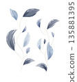Hand-painted watercolor leaves in various blue and grey shades. Delicate stems gracefully curve on a bright white background. This forms a modern botanical pattern for decoration. 135881395