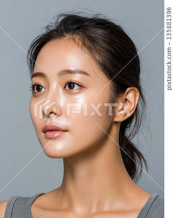 A woman with beautiful skin looking straight ahead - close-up of her face 135881396