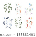 This artistic set presents various watercolor foliage designs. Delicate leaves in diverse green, blue, red, orange, and purple hues cascade gently on slender stems, creating a natural aesthetic. 135881401