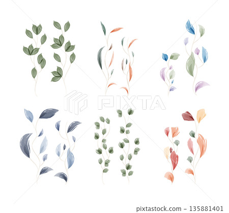 This artistic set presents various watercolor foliage designs. Delicate leaves in diverse green, blue, red, orange, and purple hues cascade gently on slender stems, creating a natural aesthetic. This artistic set presents various watercolor foliage designs. Delicate leaves in diverse green, blue, red, orange, and purple hues cascade gently on slender stems, creating a natural aesthetic. 135881401
