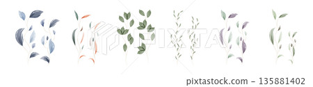 Six distinct groups of hand-painted watercolor leaves are displayed on a clean white background. 135881402