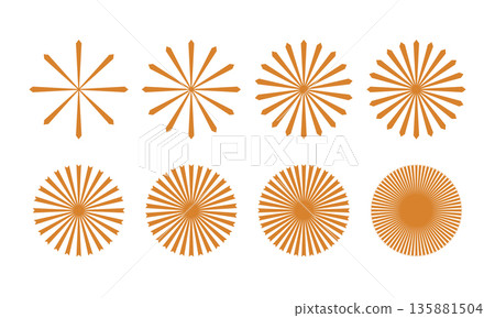 Geometric vintage concentric round sunburst, starburst with radial stripes. Circular radiating rays lines, vector abstract shapes. 135881504