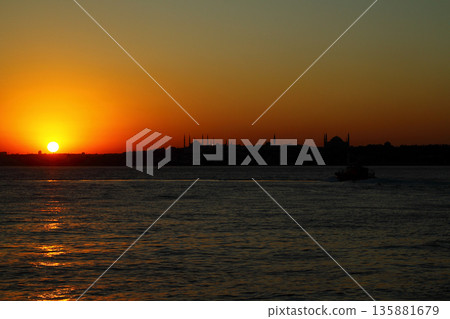 sunset in istanbul, metropolitan city and silhouette of the city sunset in istanbul, metropolitan city and silhouette of the city 135881679