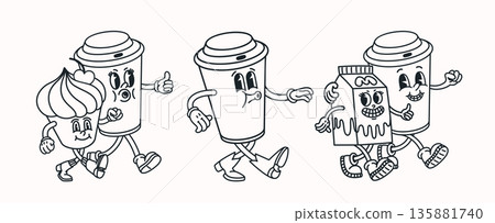 Cartoon coffee, cupcake and milk characters in retro line style. Cartoon character illustration with coffee and milk drawn in simple vintage line art for cafe branding, packaging, posters, prints Cartoon coffee, cupcake and milk characters in retro line style. Cartoon character illustration with coffee and milk drawn in simple vintage line art for cafe branding, packaging, posters, prints 135881740