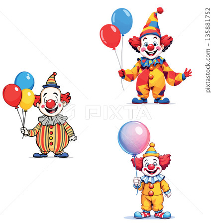 Vsai three happy cartoon clowns holding colorful balloons Vsai three happy cartoon clowns holding colorful balloons 135881752