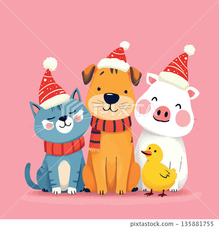 Vsai cute cartoon animals wearing santa hats and scarves 135881755