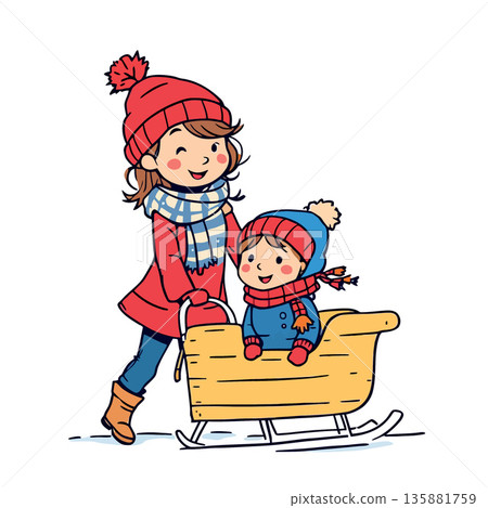 Vsai mother pulling child on sleigh in winter Vsai mother pulling child on sleigh in winter 135881759