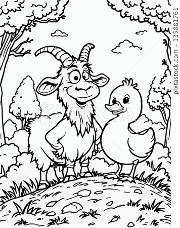Vsai smiling goat and duckling standing on a hill in the forest coloring page Vsai smiling goat and duckling standing on a hill in the forest coloring page 135881761
