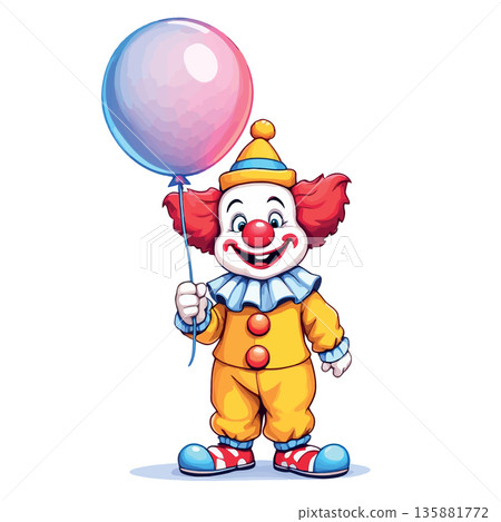 Vsai cartoon clown smiling holding colorful party balloon 135881772