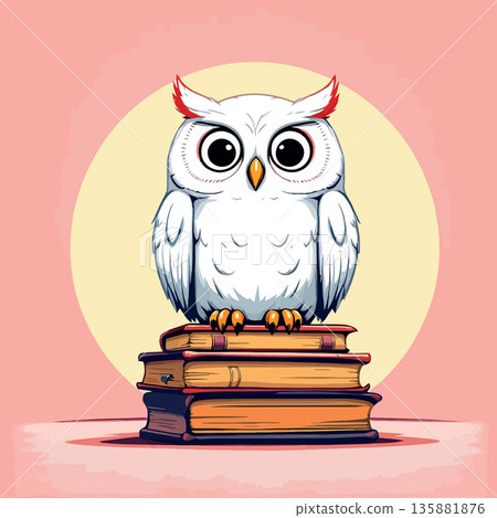 Vsai white owl sitting on a stack of books symbolizing wisdom 135881876