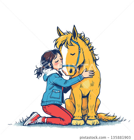 Vsai girl hugging pony feeling love and friendship 135881903