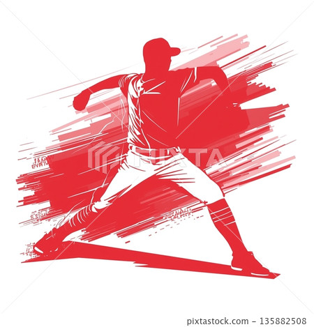 Dynamic red and white silhouette of a baseball pitcher 135882508