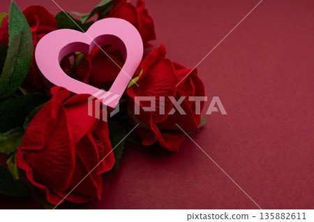 Pink Heart Shapes on Red Background with Copy Space Valentines Day Love Concept Pink Heart Shapes on Red Background with Copy Space Valentines Day Love Concept 135882611