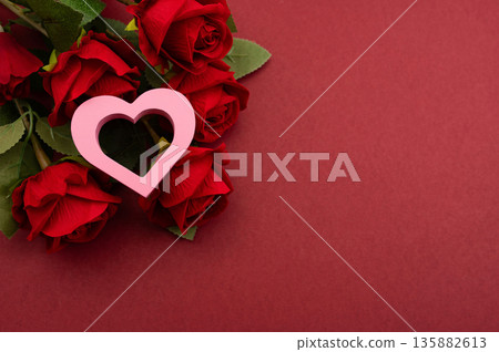 Pink Heart Shapes on Red Background with Copy Space Valentines Day Love Concept Pink Heart Shapes on Red Background with Copy Space Valentines Day Love Concept 135882613
