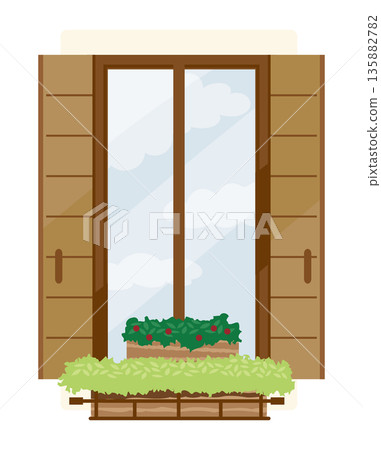 Illustration of a sunny window with white clouds reflected 135882782