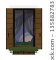 Illustration of a lit window with a quiet night sky 135882783
