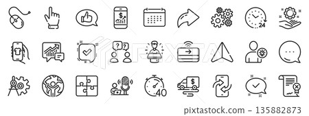 Reject certificate, Cash transit and Teamwork questions line icons pack. Share, Message, Paper plane icons. Employee hand, Cogwheel, Calendar web icon. Vector Reject certificate, Cash transit and Teamwork questions line icons pack. Share, Message, Paper plane icons. Employee hand, Cogwheel, Calendar web icon. Vector 135882873