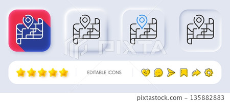 Map line icon. Neumorphic, Flat shadow, 3d buttons. Place pin sign. Road trip symbol. Line map icon. Social media icons. Vector Map line icon. Neumorphic, Flat shadow, 3d buttons. Place pin sign. Road trip symbol. Line map icon. Social media icons. Vector 135882883