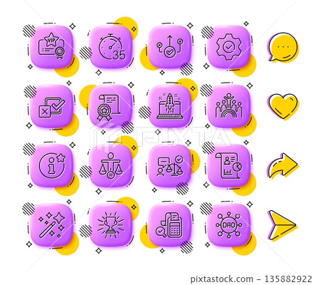 Inclusion, Magic wand and Timer line icons. App 3d buttons. Social media comment, share, like icons. Pack of Info, Start business, Report icon. Trophy, Execute, Checkbox pictogram. Vector Inclusion, Magic wand and Timer line icons. App 3d buttons. Social media comment, share, like icons. Pack of Info, Start business, Report icon. Trophy, Execute, Checkbox pictogram. Vector 135882922