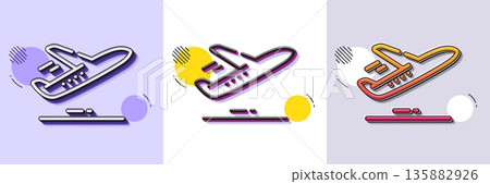 Plane line icon. Halftone dotted pattern. Gradient icon with grain shadow. Airport transport sign. Airplane flight symbol. Line plane icon. Various designs. Vector 135882926