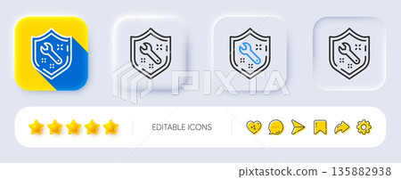 Spanner tool line icon. Neumorphic, Flat shadow, 3d buttons. Repair service sign. Shield protection symbol. Line spanner icon. Social media icons. Vector 135882938