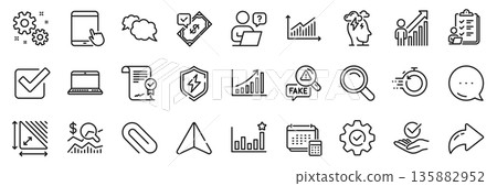 Efficacy, Account and Execute line icons pack. Share, Message, Paper plane icons. Check investment, Fake news, Approved agreement web icon. Online question, Checklist, Paper clip pictogram. Vector 135882952